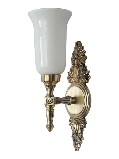 Traditional Antique Brass Aluminium Torch Wall Sconce, Milky White Glass Shade