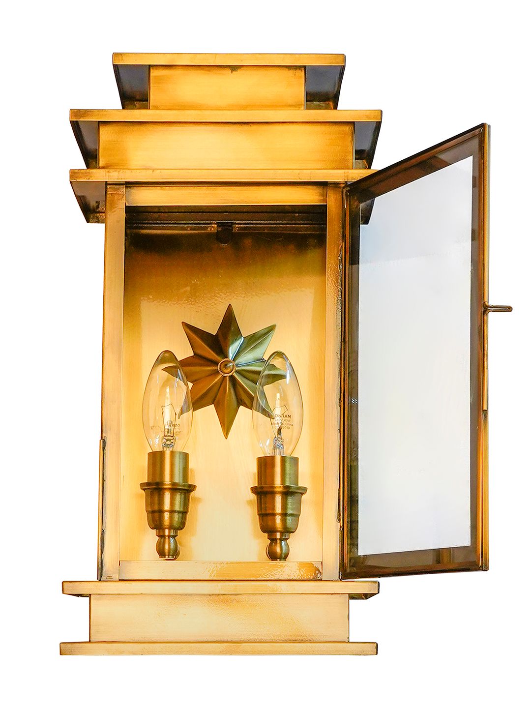 Elegant Antique Brass Art Deco Star Rectangular Wall Sconce with Glass Panels
