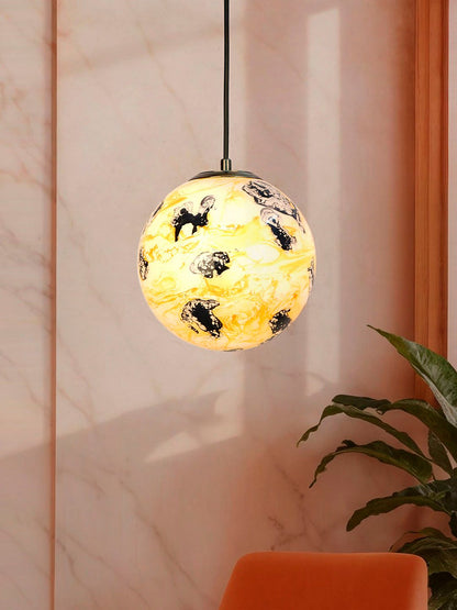 Artistic Yellow Black Marble Glass Globe Pendant Light - Antique Brass Finish