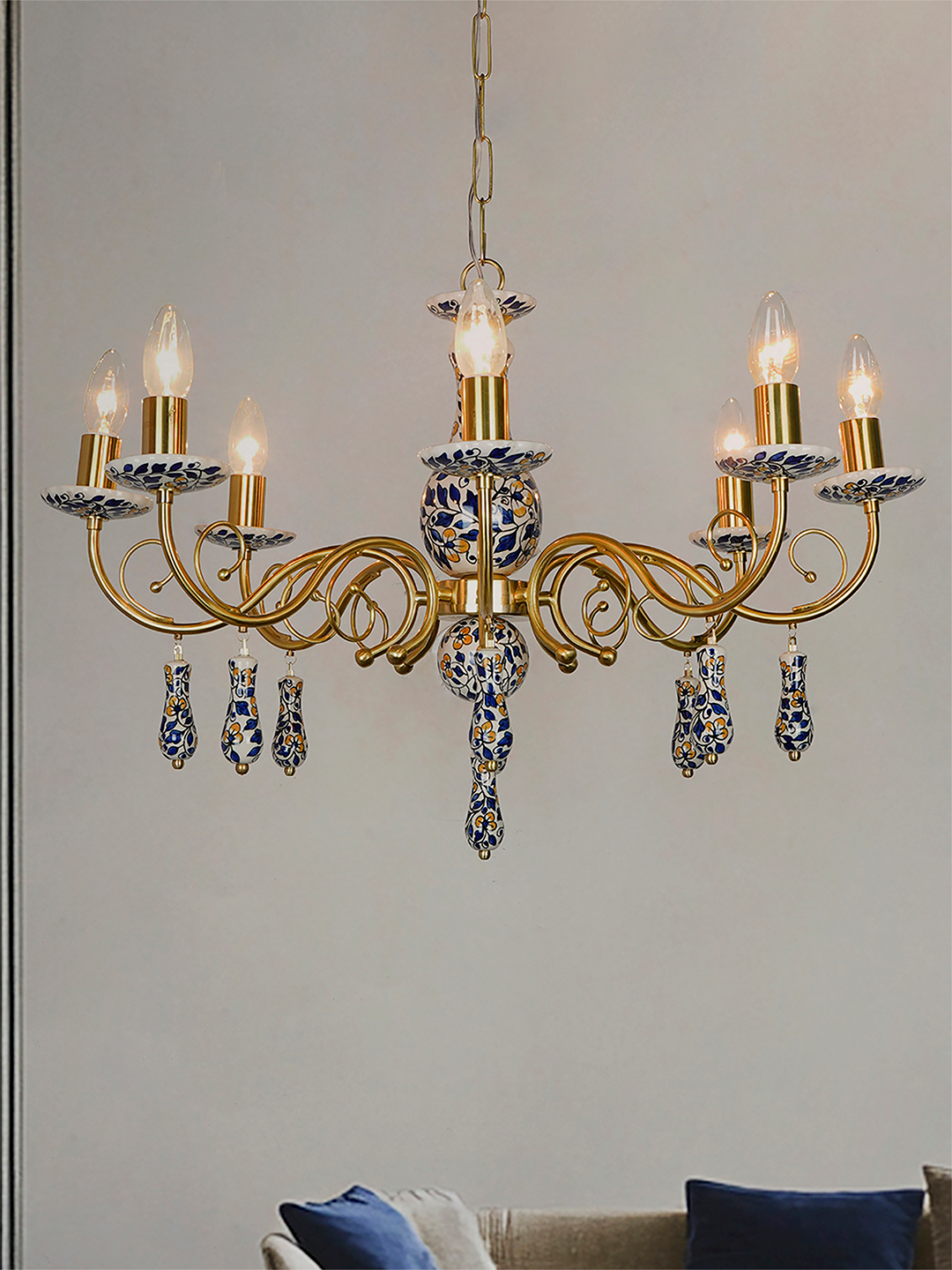 Handcrafted Blue Pottery Floral Brass 8-Light Candelabra Chandelier for Dining