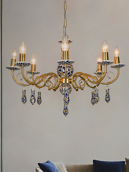 Handcrafted Blue Pottery Floral Brass 8-Light Candelabra Chandelier for Dining