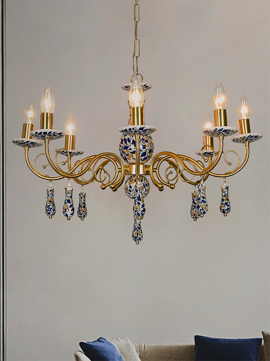 Handcrafted Blue Pottery Floral Brass 8-Light Candelabra Chandelier for Dining