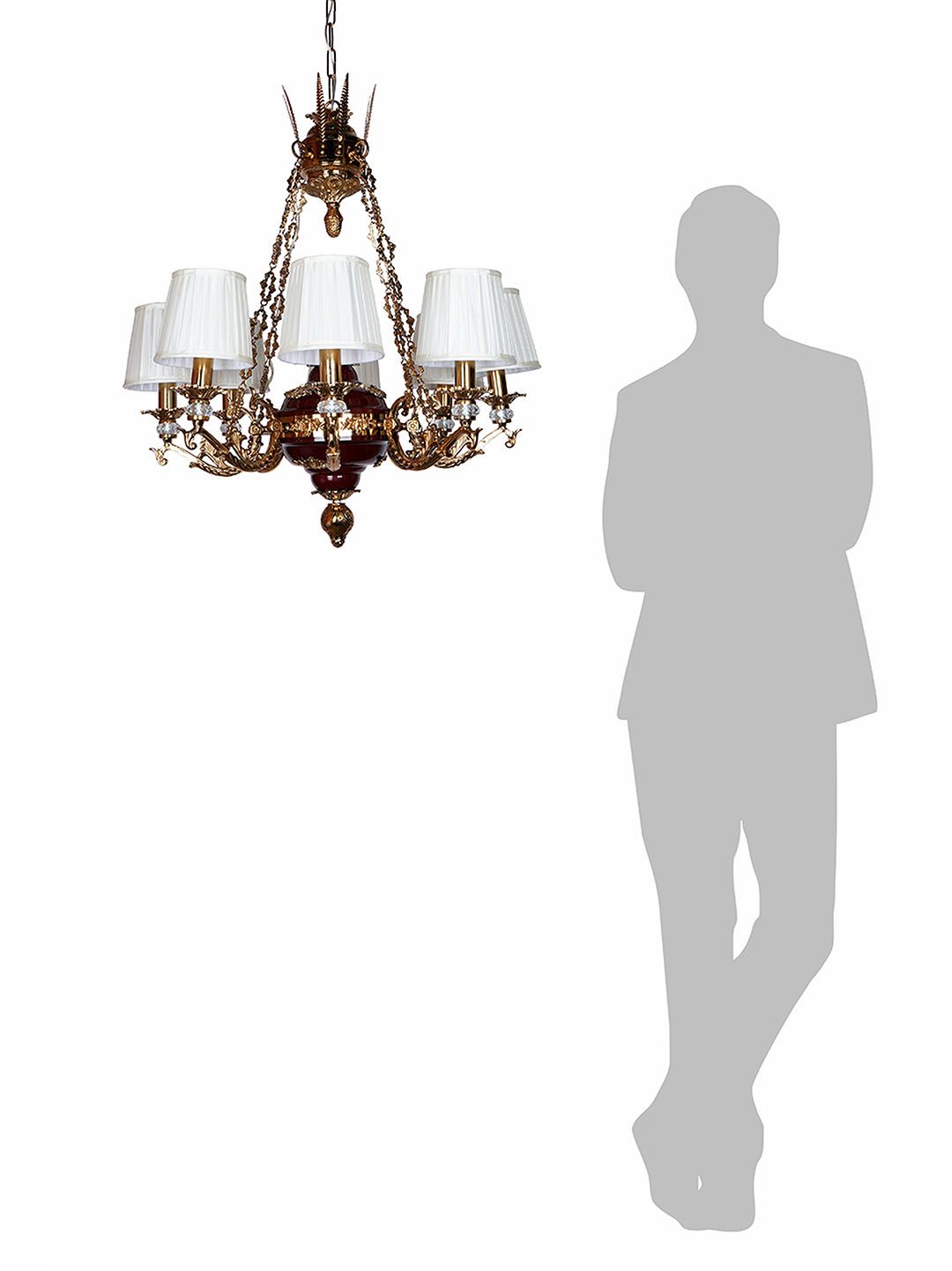 Opulent Maroon Gold 8-Light Chandelier with Off-White Pleated Shades & Crystals
