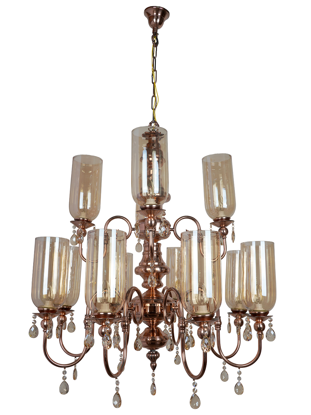 European Copper 2-Tier 12-Light Steel Chandelier with Translucent Glass Shades