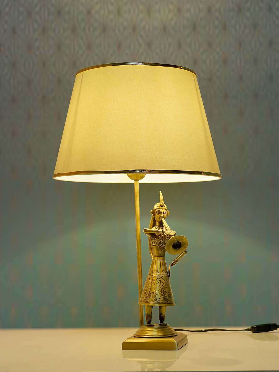 Exquisite Rajasthani Been Belle Brass Table Lamp with Elegant Off-White Fabric Shade