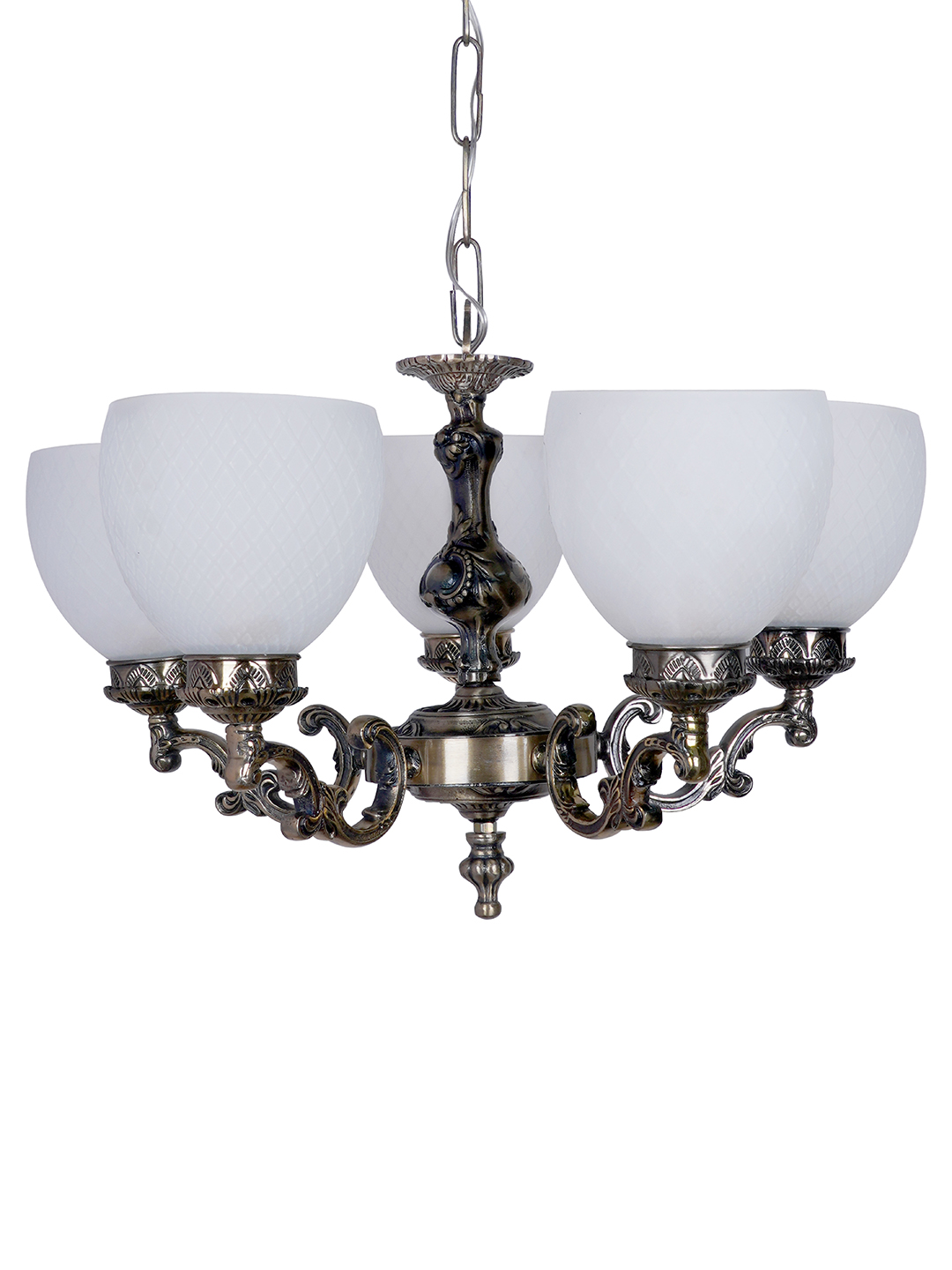 Ornate Antique Brass Aluminium 5-Light Chandelier with Frosted Diamond Glass Shades