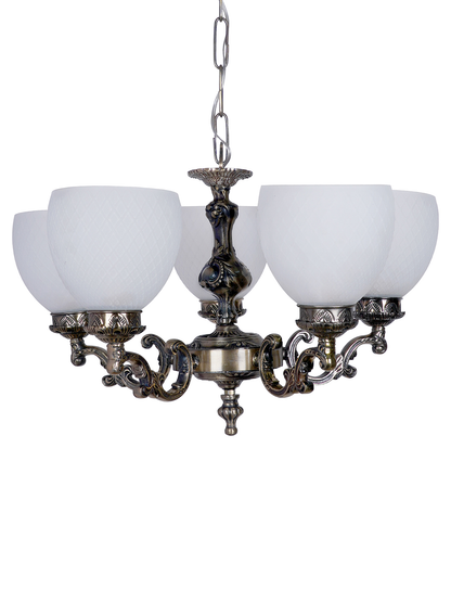 Ornate Antique Brass Aluminium 5-Light Chandelier with Frosted Diamond Glass Shades