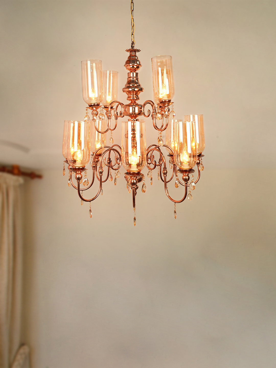 European Copper 2-Tier 12-Light Steel Chandelier with Translucent Glass Shades