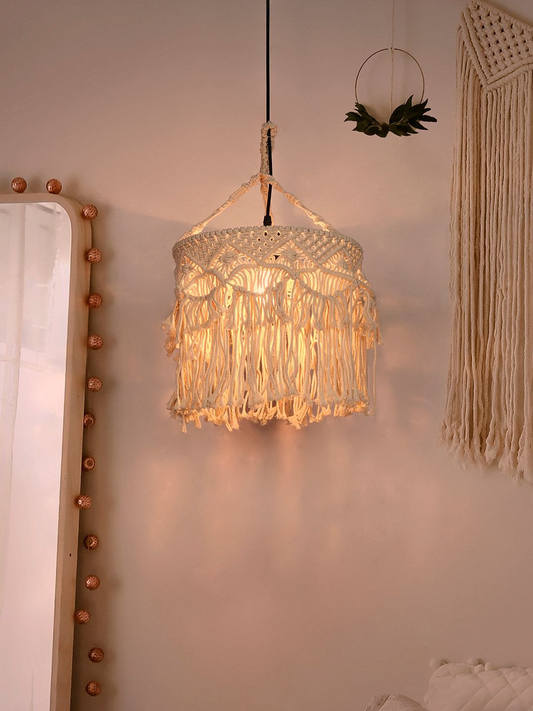 Bohemian Natural White Macrame Drum Pendant Light with Decorative Fringe