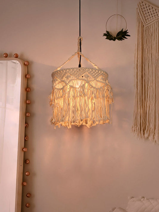 Bohemian Natural White Macrame Drum Pendant Light with Decorative Fringe