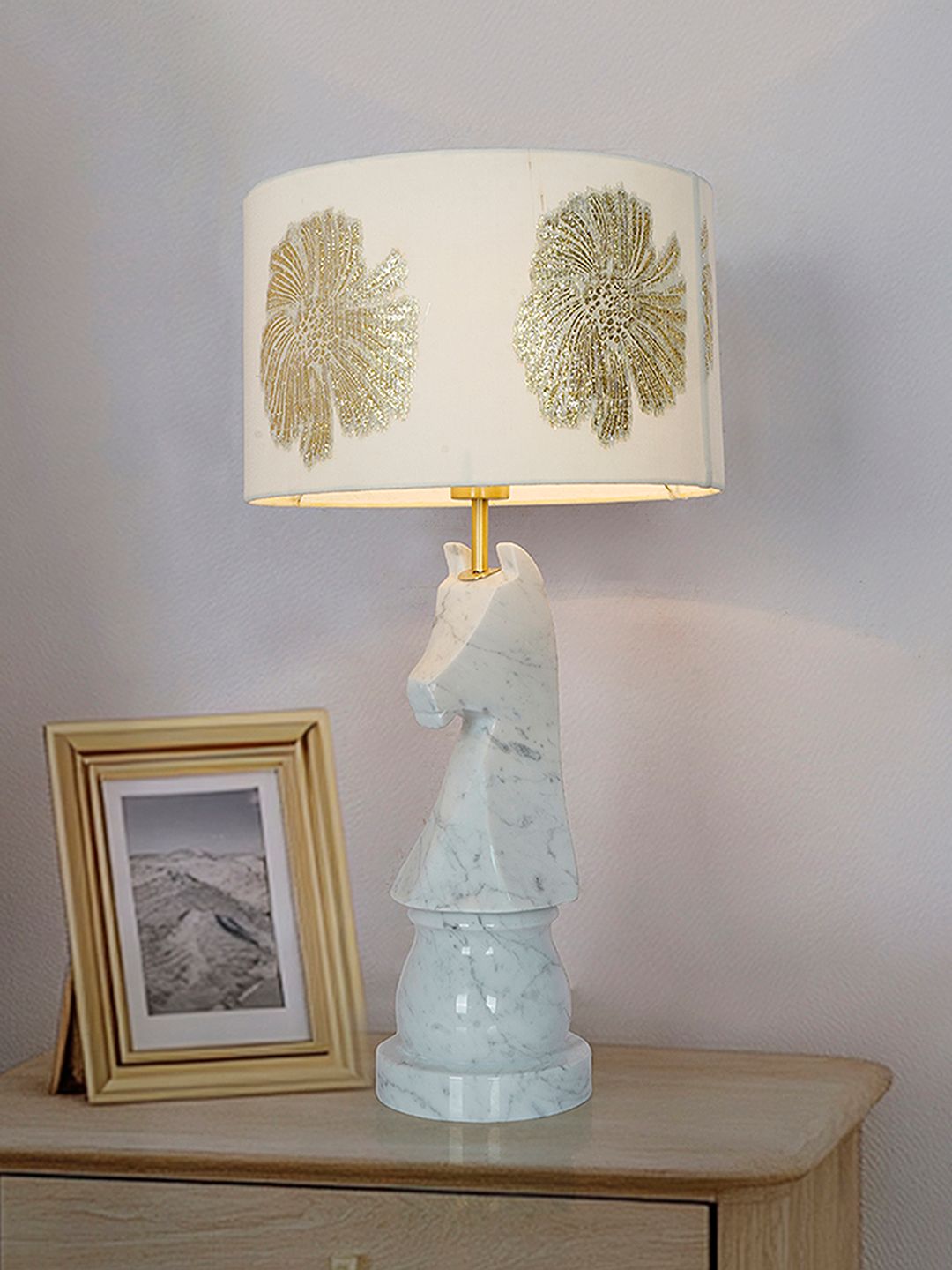 Statuario Marble Chess Knight Table Lamp with Gold Embroidered Drum Shade