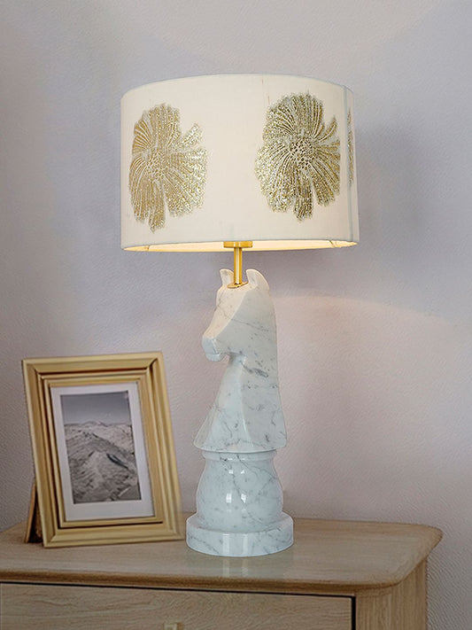 Statuario Marble Chess Knight Table Lamp with Gold Embroidered Drum Shade