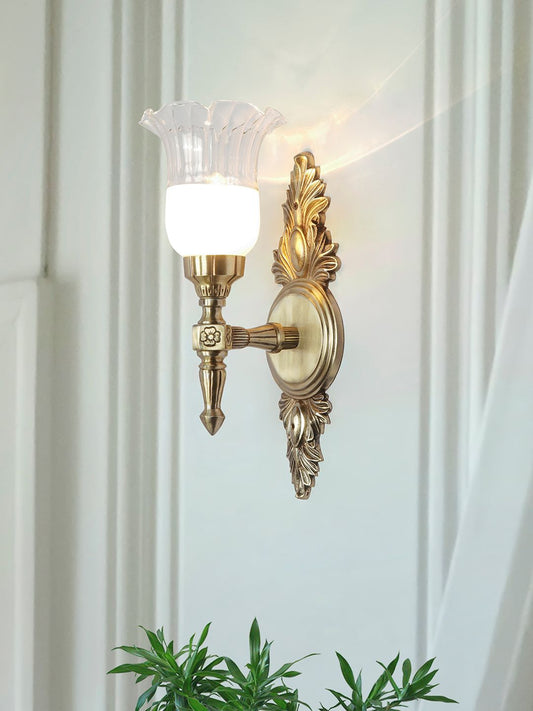 Classic Aluminium Torch Wall Sconce: Antique Brass Finish, Half-White Borosilicate Glass