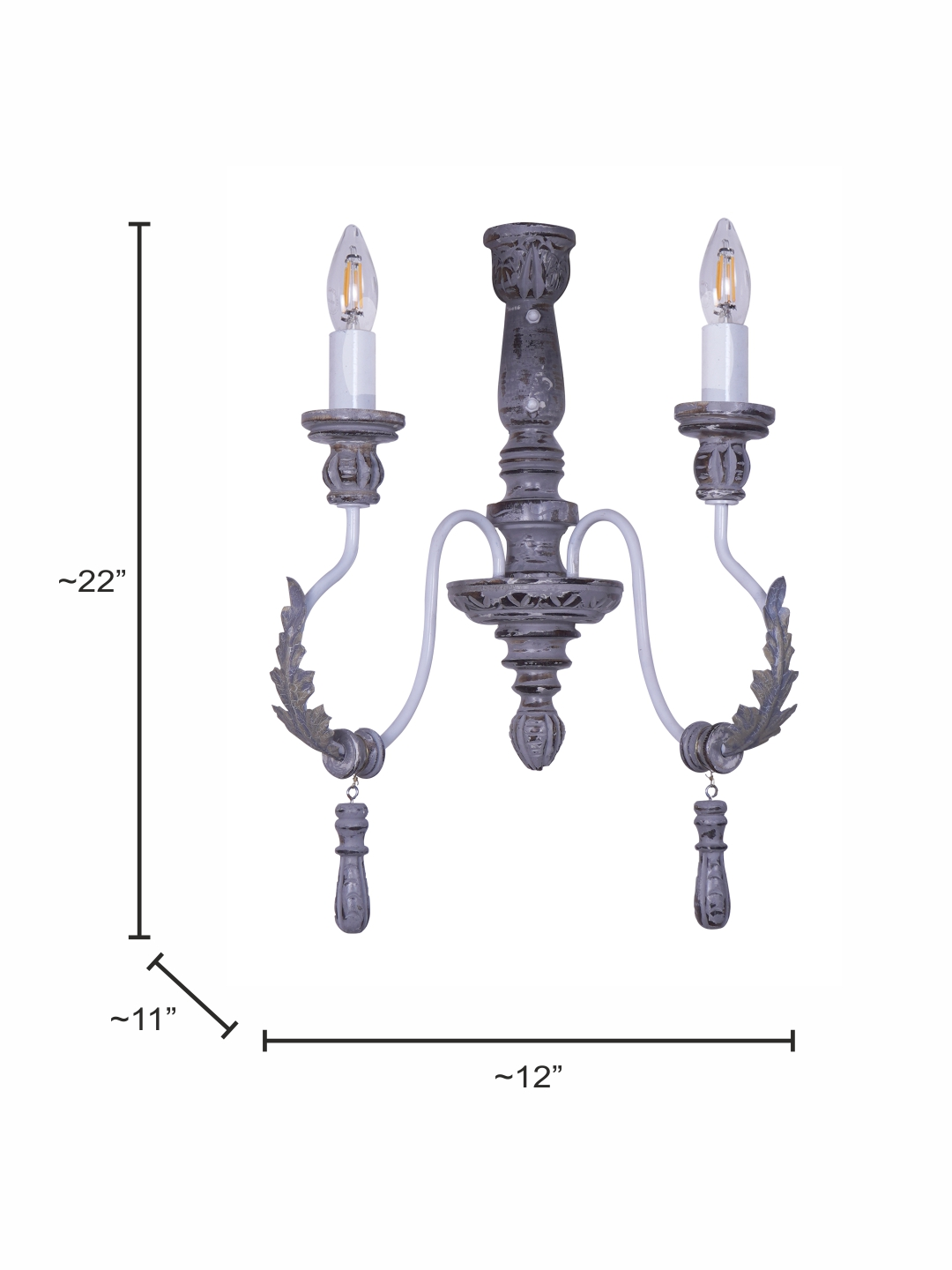 Charming Provincial Distressed Grey Wood Wrought Iron 2-Light Candelabra Wall Sconce