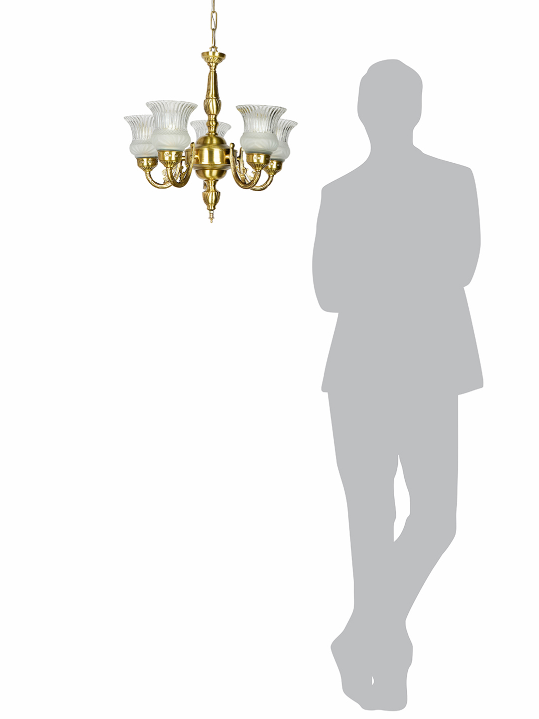 Usha 5 Light Antique Brass Chandelier with Frosted Glass Shades, Traditional Design