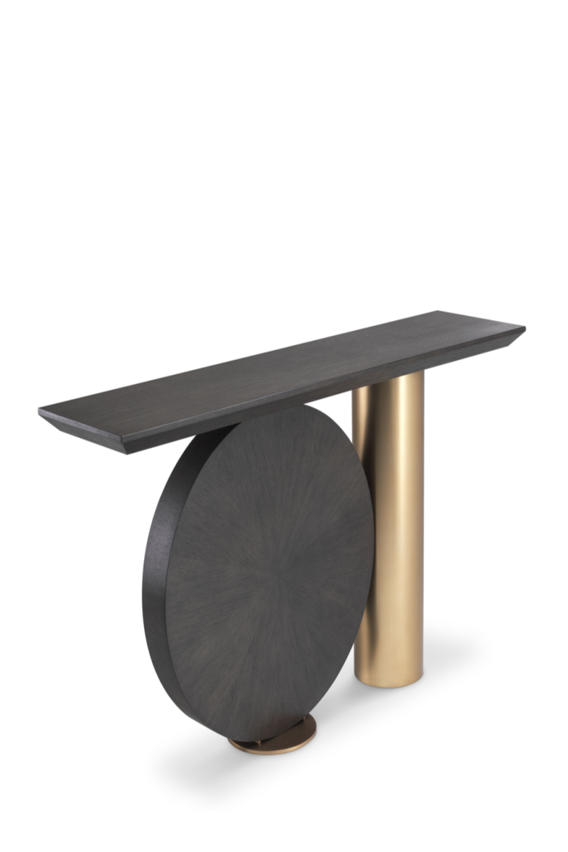 Elegant Postmodern Spring Console Table with Mocha Oak & Brass Finish