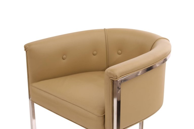 Sleek Chrome Camel Leather Bar Stools Pair - Vintage 1970s Modern Design