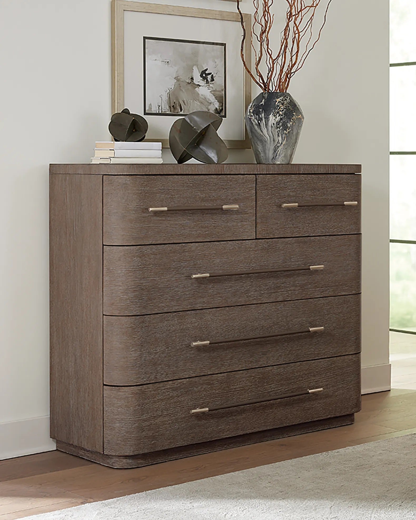 Modern Japan Faux Leather 3-Drawer Chest: Brass Accents, Curved Design Storage