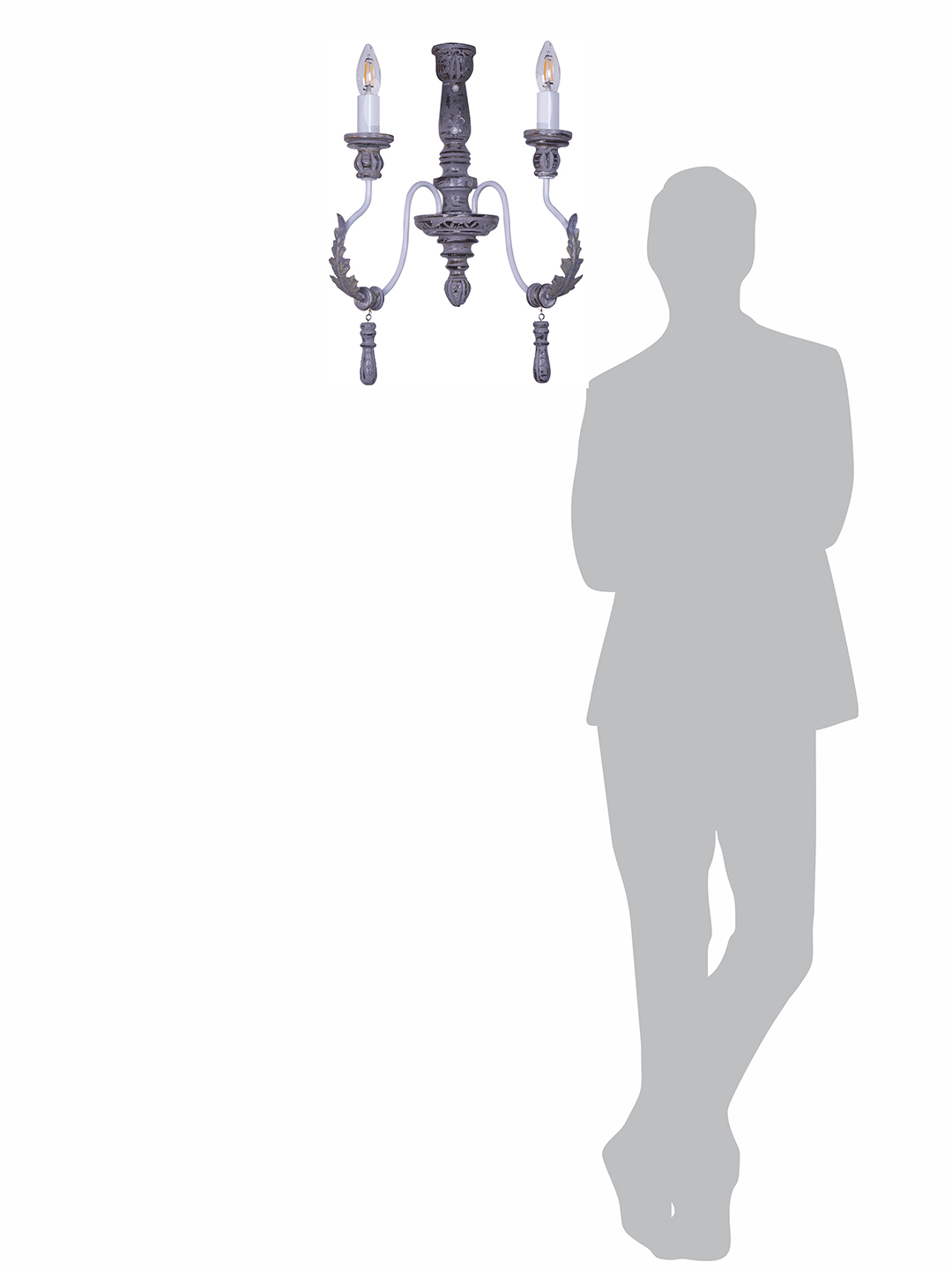 Charming Provincial Distressed Grey Wood Wrought Iron 2-Light Candelabra Wall Sconce