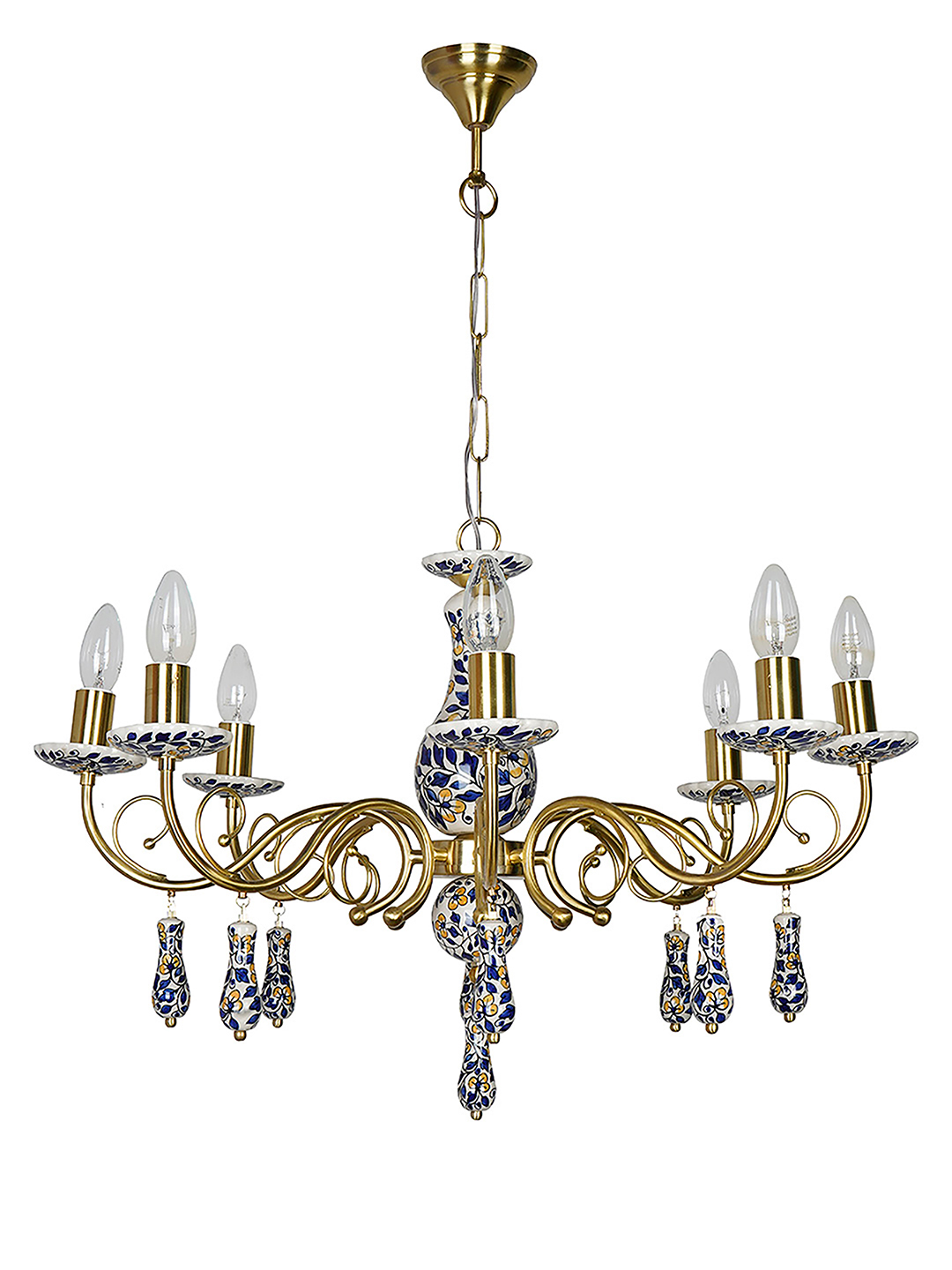 Handcrafted Blue Pottery Floral Brass 8-Light Candelabra Chandelier for Dining