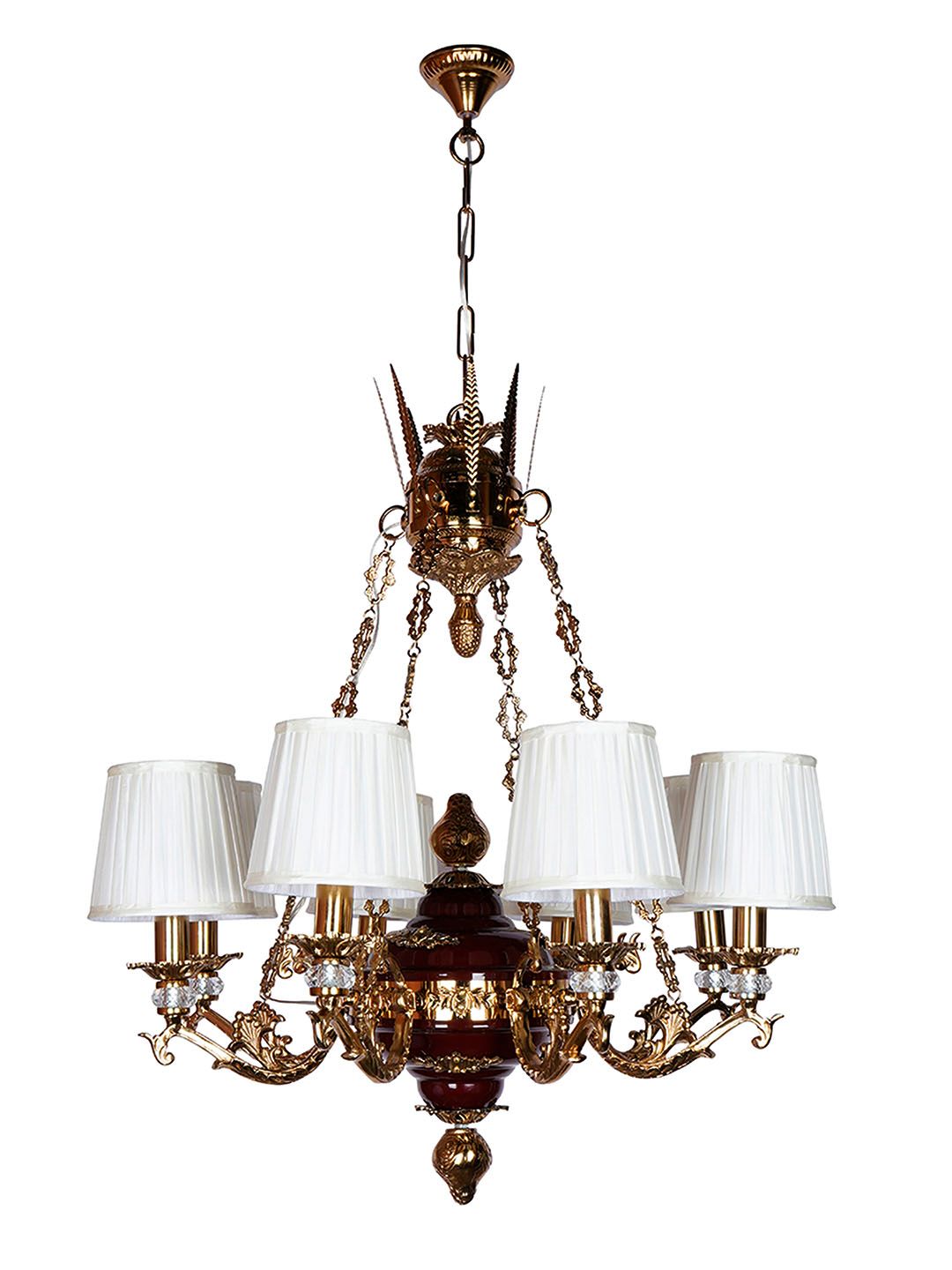 Opulent Maroon Gold 8-Light Chandelier with Off-White Pleated Shades & Crystals