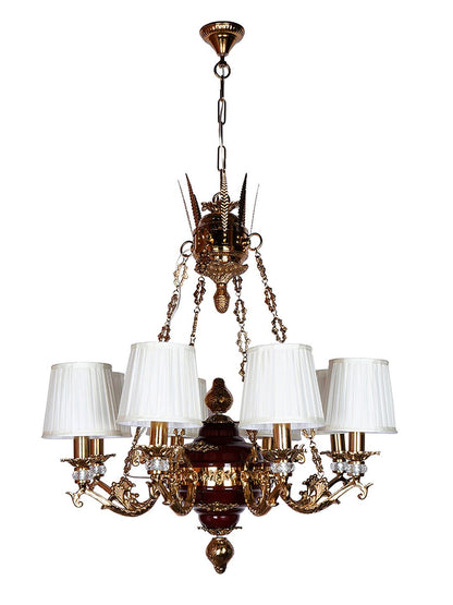 Opulent Maroon Gold 8-Light Chandelier with Off-White Pleated Shades & Crystals