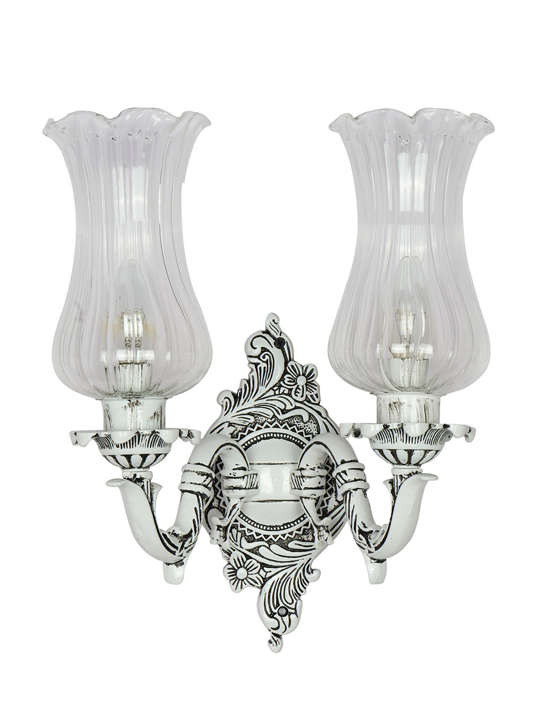 Elegant Traditional Swan Double Wall Lamp, Antique White Cast Aluminium, Fluted Glass