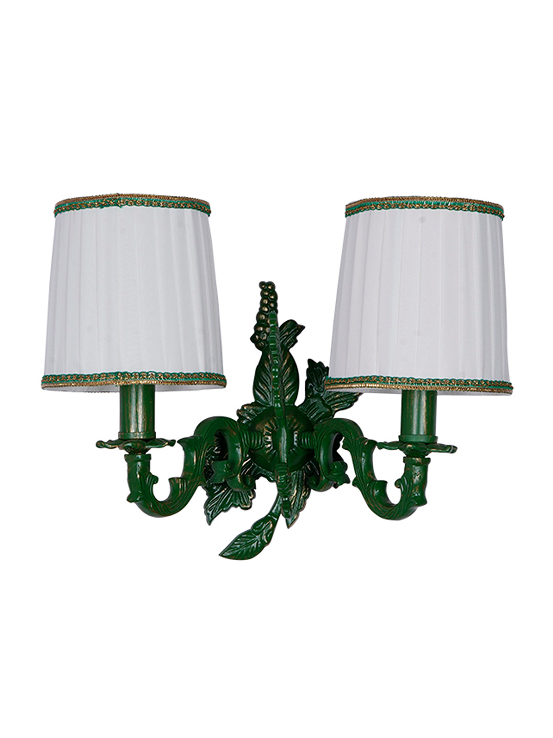 Elegant Double Green Grapevine Wall Sconce with Ivory Pleated Fabric Shades