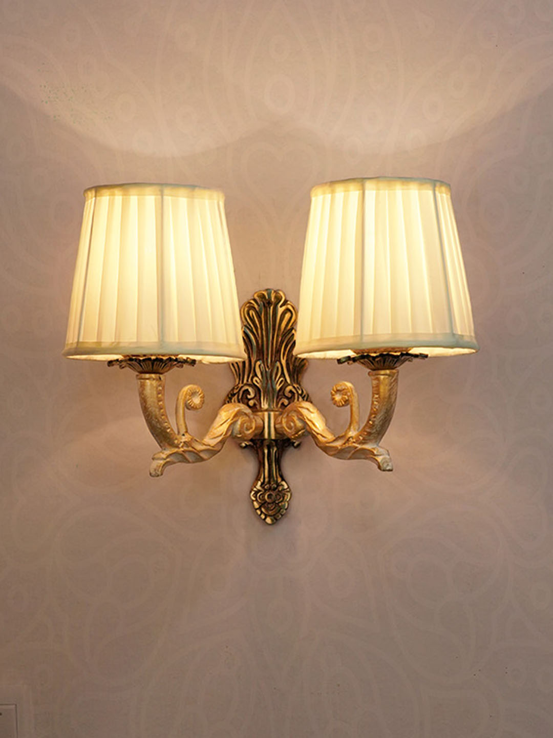 Opulent Golden White Double Wall Sconce with Pleated Ivory Fabric Shade