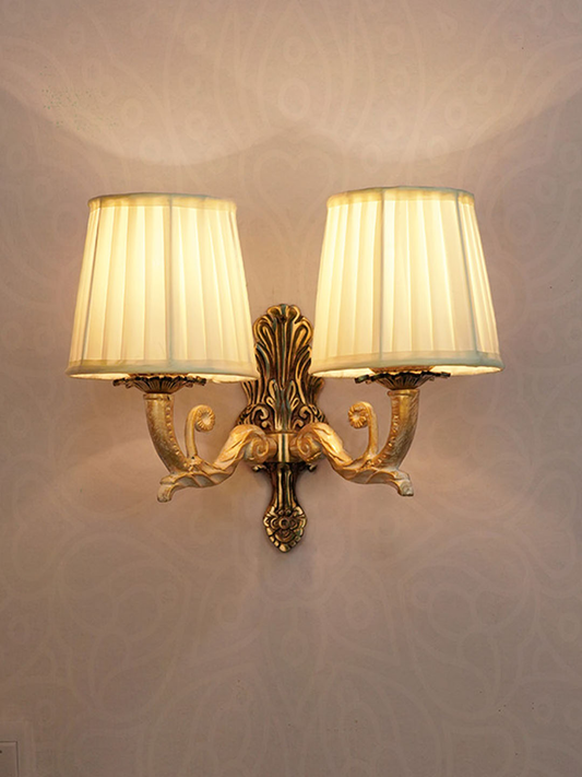 Opulent Golden White Double Wall Sconce with Pleated Ivory Fabric Shade