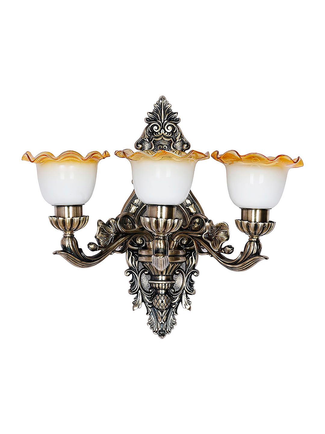 Opulent Antique 3-Light Wall Sconce: Milky White Amber Frilled Glass Shades