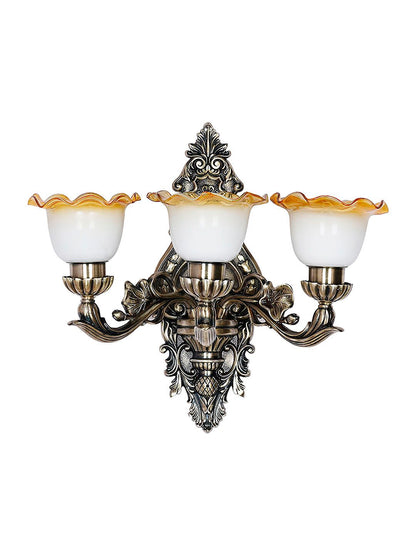 Opulent Antique 3-Light Wall Sconce: Milky White Amber Frilled Glass Shades