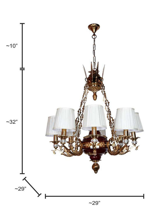 Opulent Maroon Gold 8-Light Chandelier with Off-White Pleated Shades & Crystals