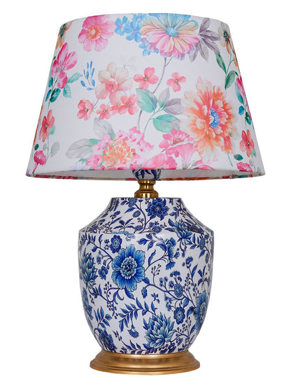Charming Eclectic Blue Pottery Print Table Lamp with Floral Fabric Shade