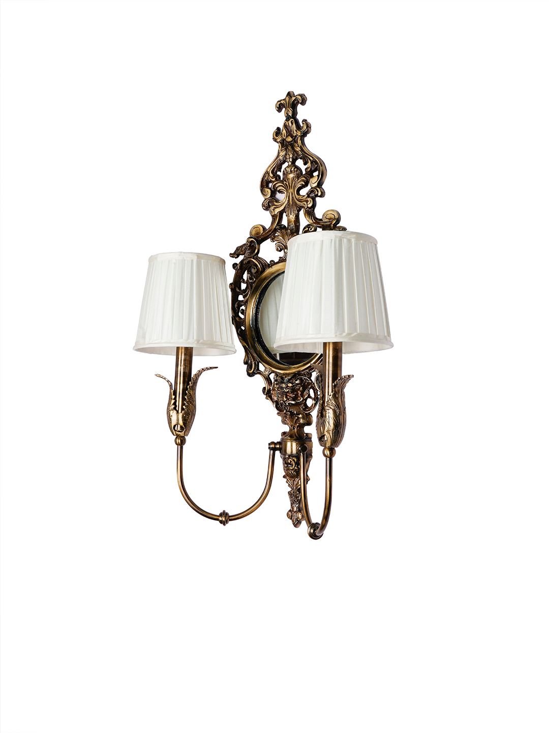 Opulent Antique Brass Wall Lamp with Mirror, Pleated Chiffon Shades