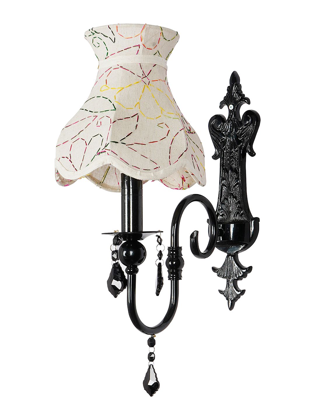 Elegant Black Wall Sconce with Green Embroidered Scalloped Shade & Sparkling Crystals