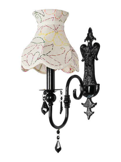 Elegant Black Wall Sconce with Green Embroidered Scalloped Shade & Sparkling Crystals