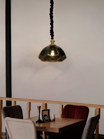 Elegant Black Glass Tiffany Style Dome Pendant Light Brass Accents