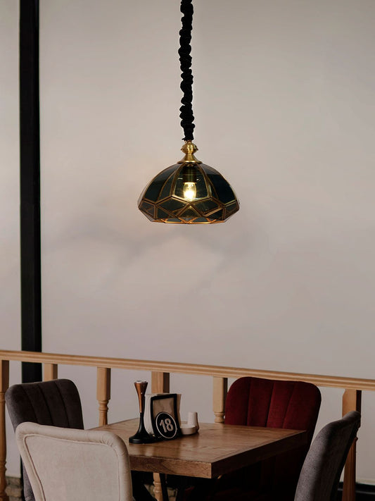 Elegant Black Glass Tiffany Style Dome Pendant Light Brass Accents