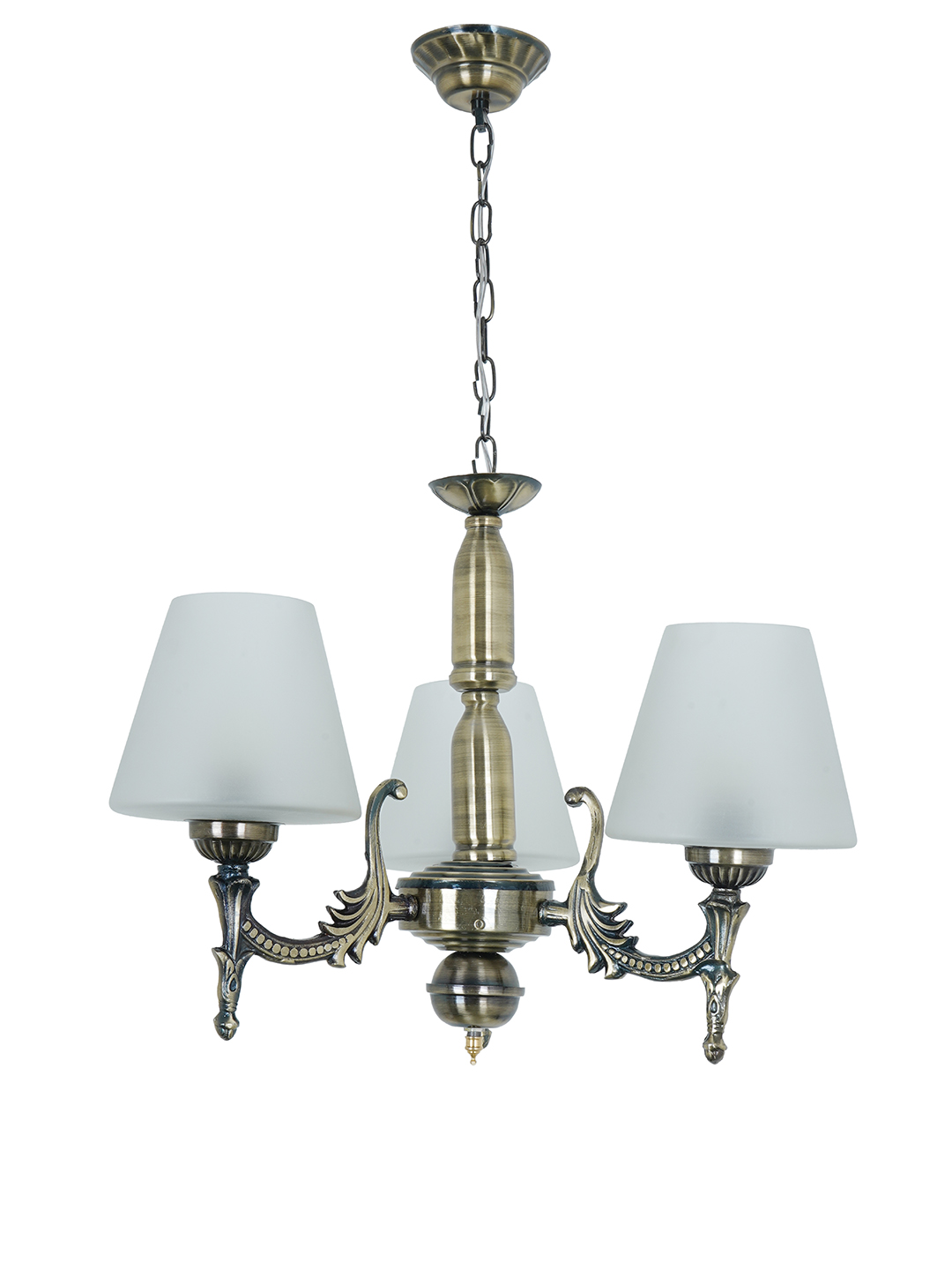 Antique Brass 3-Light Steel Chandelier with Frosted Tapered Glass Shades