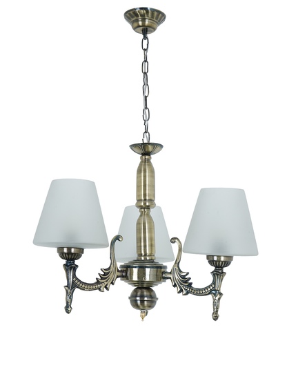 Antique Brass 3-Light Steel Chandelier with Frosted Tapered Glass Shades