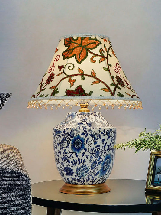 Handcrafted Eclectic Blue Pottery Print Table Lamp with Kashmiri Embroidered Velvet Shade
