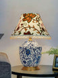 Handcrafted Eclectic Blue Pottery Print Table Lamp with Kashmiri Embroidered Velvet Shade
