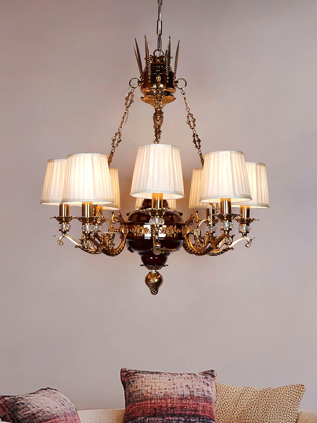 Opulent Maroon Gold 8-Light Chandelier with Off-White Pleated Shades & Crystals