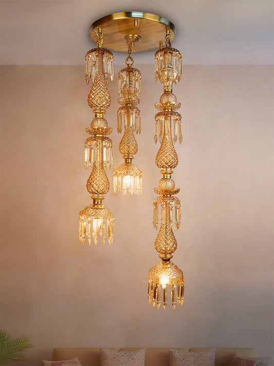 Elegant Golden Luster Glass 3-Light Cascading Crystal Multi-Pendant Chandelier