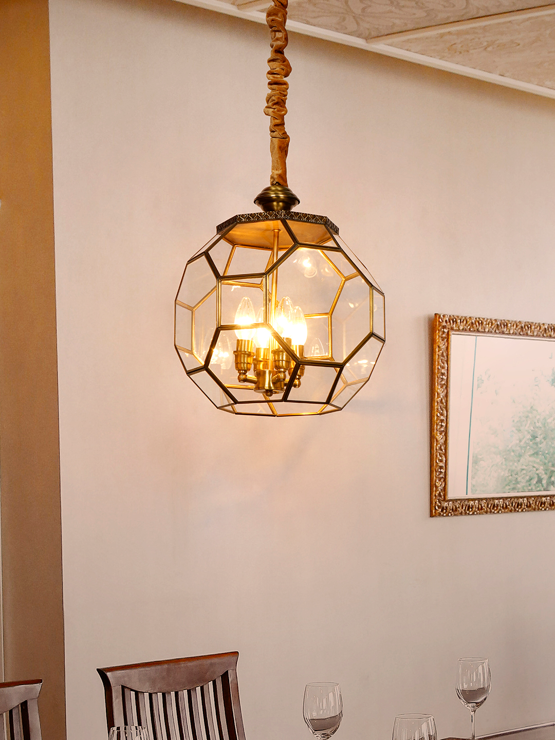 Elegant Octagonal Glass Antique Brass 4-Light Pendant Ceiling Lamp Fixture