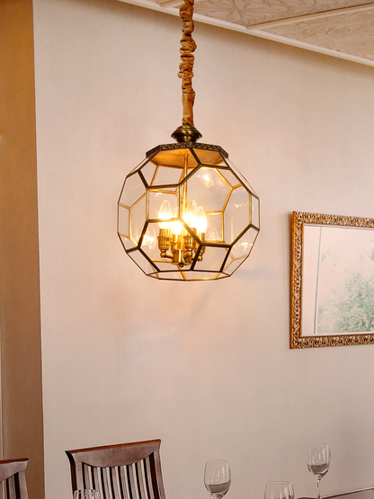 Elegant Octagonal Glass Antique Brass 4-Light Pendant Ceiling Lamp Fixture
