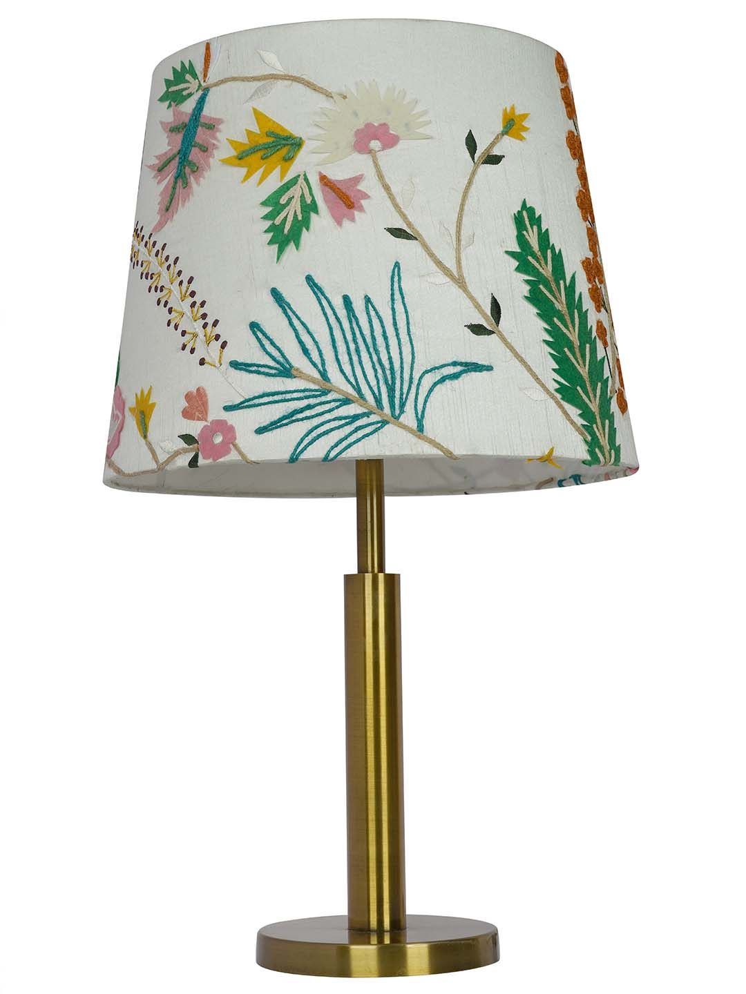 Transitional Brushed Brass Metal Table Lamp: Botanical Embroidered White Fabric Shade