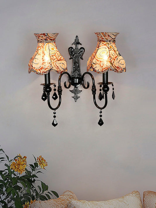 Elegant Black Double Wall Sconce with Kalamkari Shades & Sparkling Crystals