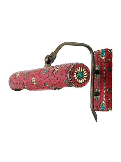 Adjustable Red Picture Light with Hand-Applied Stonework, Tibetan Nepalese Inspired